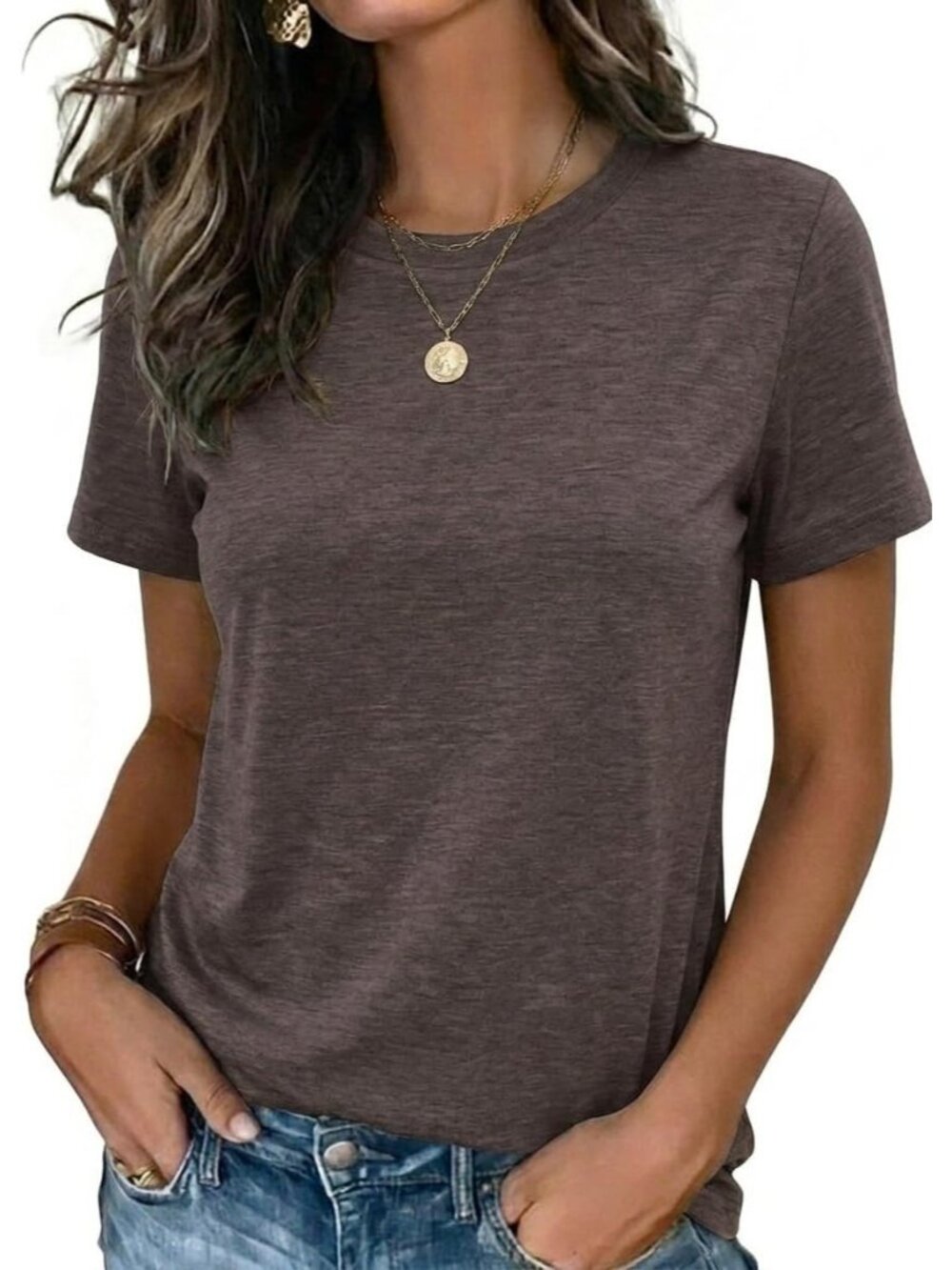 Women's Brown Short Sleeve Crew neck Casual Basic Imported Tee Shirts